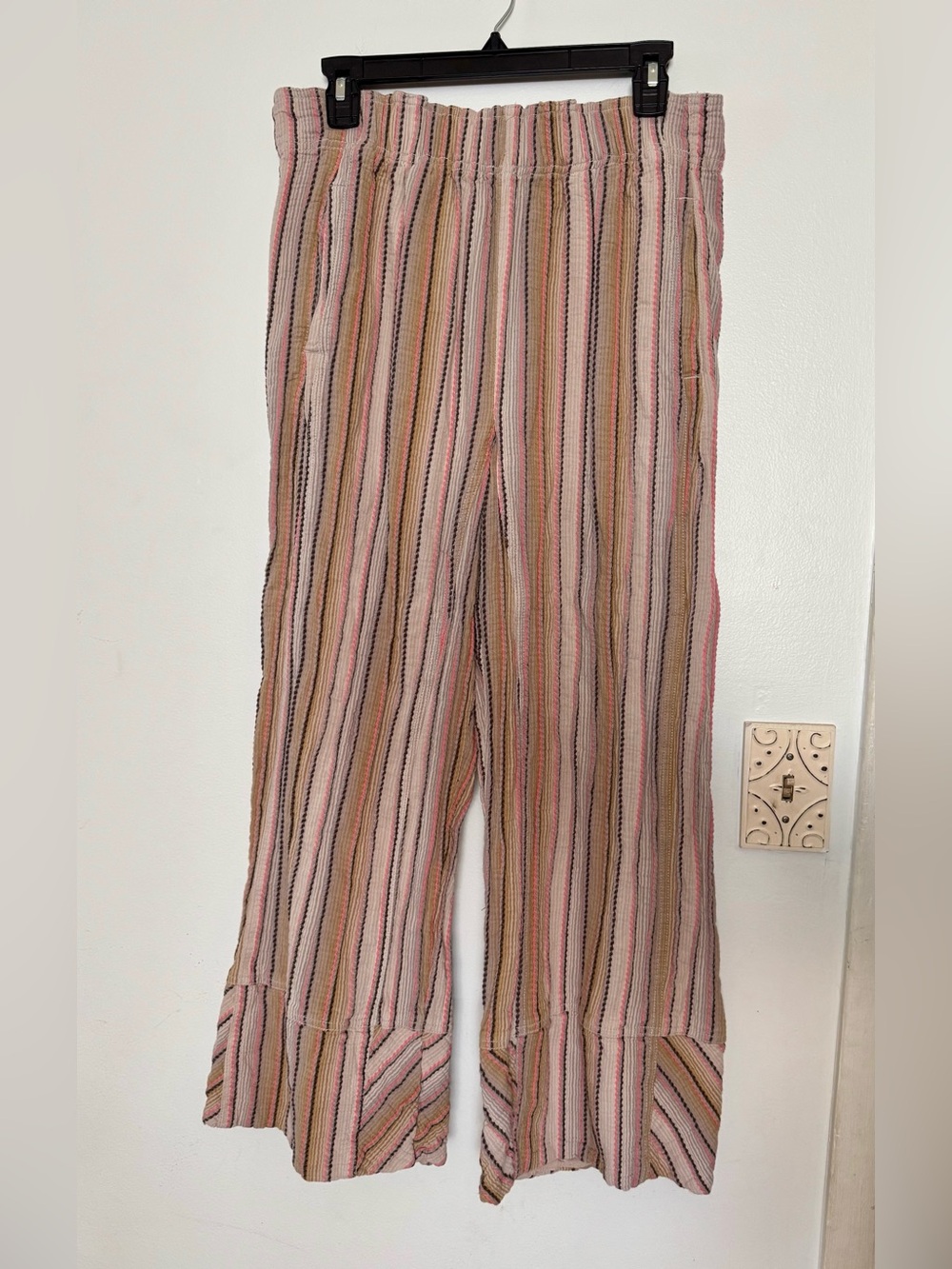 Free People Pink and Tan Striped Wide-Leg Pants with Ruffle Hem